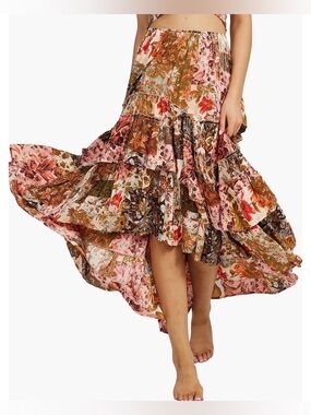 Talisman The Label Sassy Ruffle High/Low Maxi Skirt in Neutral Paisley Size XL